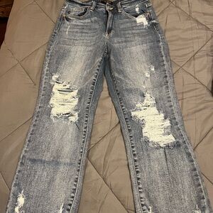 Judy Blue Distressed Straight Leg Jeans - Light Blue